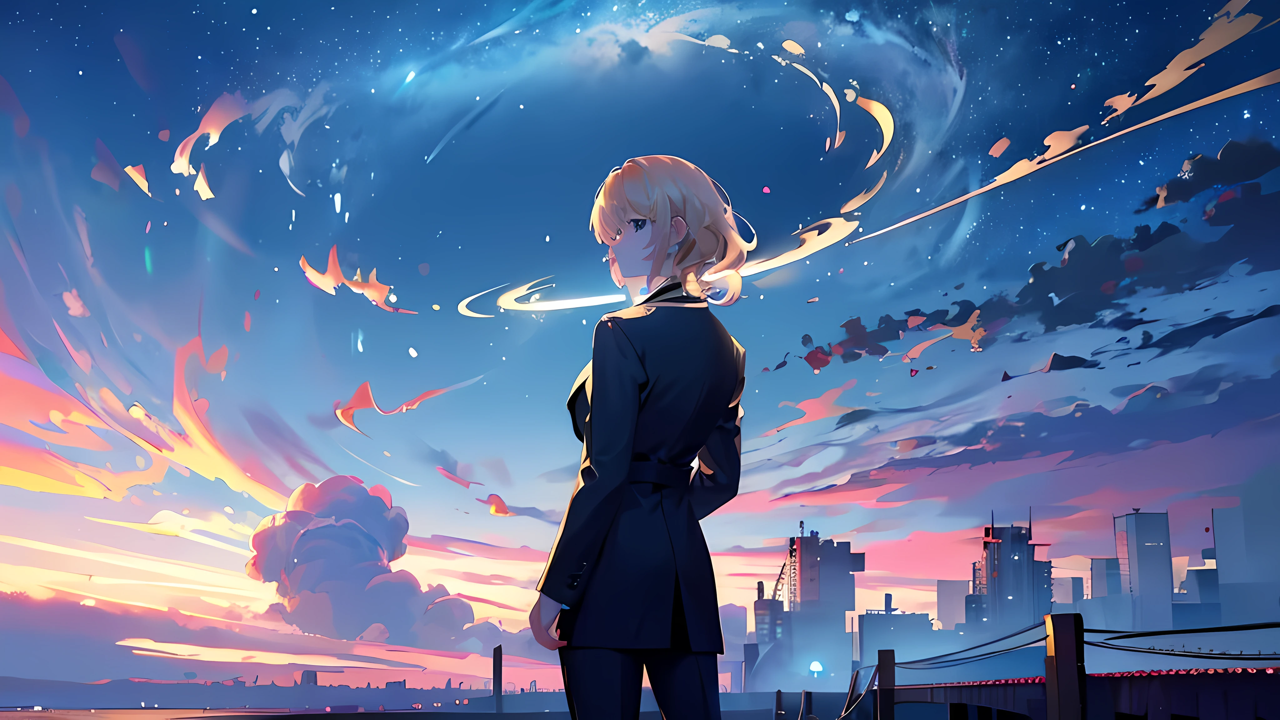 1 girl, medium light gold hair, light blue eyes, wearing black suit,night city, absurdres, high res, ultrasharp, 8K, masterpiece, looking from behind