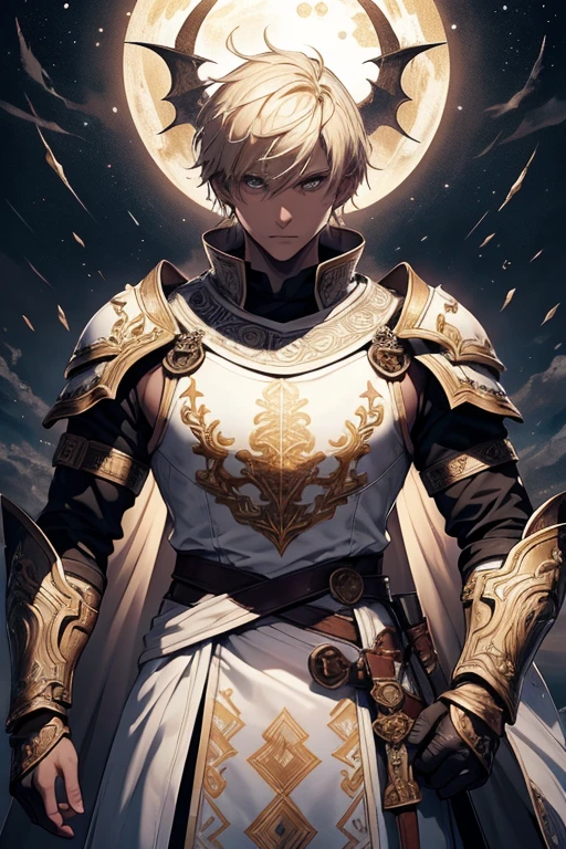 white man, blond hair, brown eyes, short hair, with white clothes, on top of the white clothes he wears armor decorated in black, on his two arms he has bracelets decorated in black, wearing a white cape, the cover has a drawing of a dragon in the middle in black, on the edges of the cover it has a black outline, the cover covers both his shoulders, on his waist he has a sword in its sheath, scenery and the night sky with stars.
