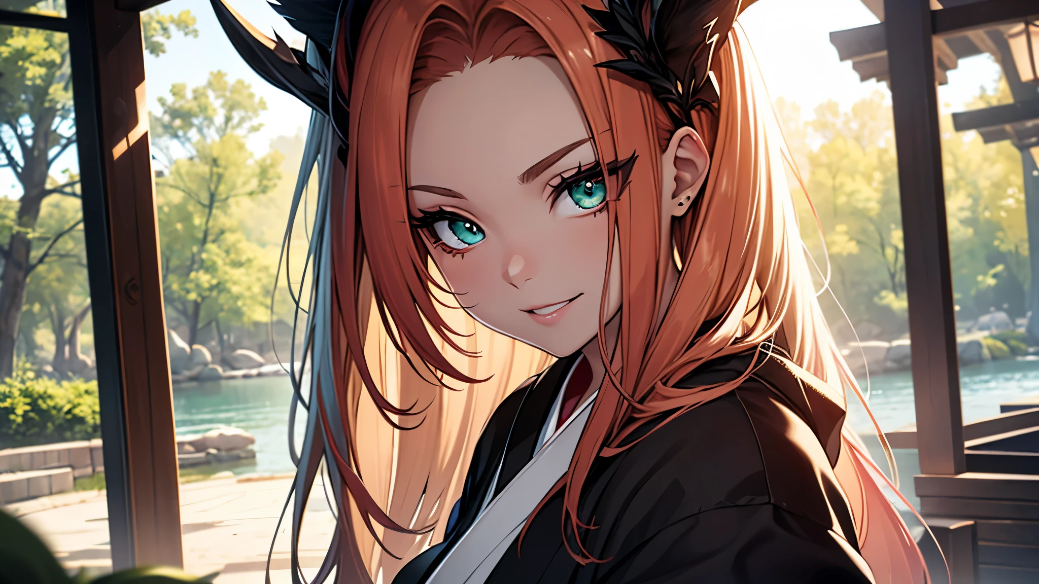 (1girl:1.3), Masterpiece, Best quality, amazing beauty, [[3D]], 4K, absurdres, finely detail, super detailed eye, perfect anatomy, official art, cinematic lighting, BREAK, foret, river, sunlight, silky long hair, forehead, colored tips, orange hair, super shiny detailed green eyes, big eyes, cute eyes, thin eyebrow, Staring, close-mouth, thin lips, toothless smile, mascara, rouge, Eyeliner, pink lips, shy, BREAK , usually, tall, slim, pale skin, porcelain skin, sitting, cross arms in front, from front, BREAK ,(long-sleeved kimono:1.2),