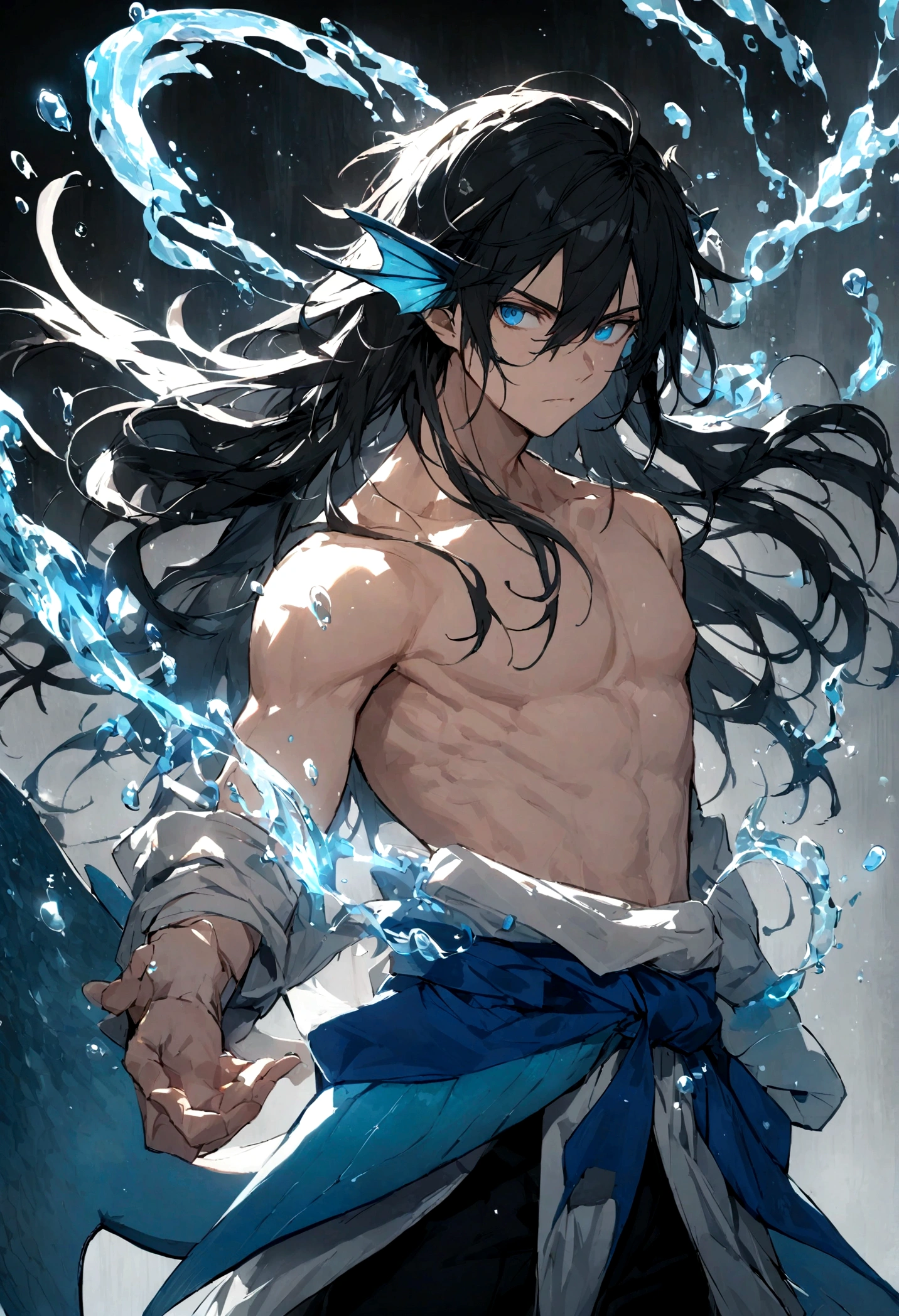 Male: Black hair down to his waist, with 2 blue strands, blue eyes, has a blue fish tail, fins at his elbows, has fish ears, uses water magic, is shirtless