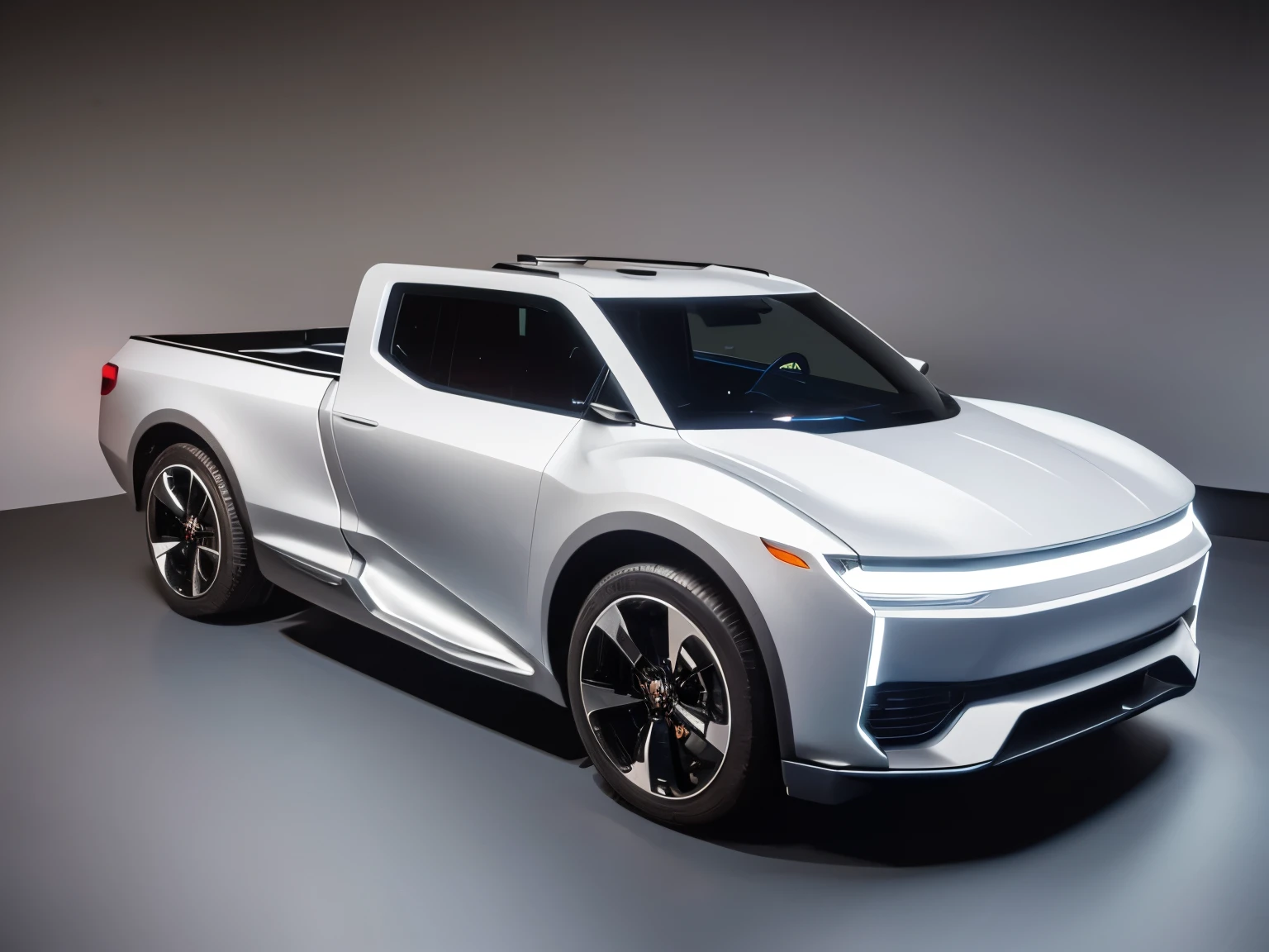 Create a concept image of a futuristic pickup truck in a professional photography studio. The vehicle should embody cutting-edge design elements, with a sleek, angular silhouette that suggests innovation and performance. highlighting the red color, Capture the truck from a dynamic angle that highlights its robust structure and advanced features, such as LED lighting, retractable loading cover, and smart cargo system. The lighting should be dramatic yet balanced, casting crisp shadows that define the truck's contours and emphasize the glossiness of its metallic paint job. The background should be a clean, neutral gray that complements the truck's color without competing for attention. Ensure the studio environment is evident, with subtle indications of the camera gear and equipment that convey a sense of professional craftsmanship.