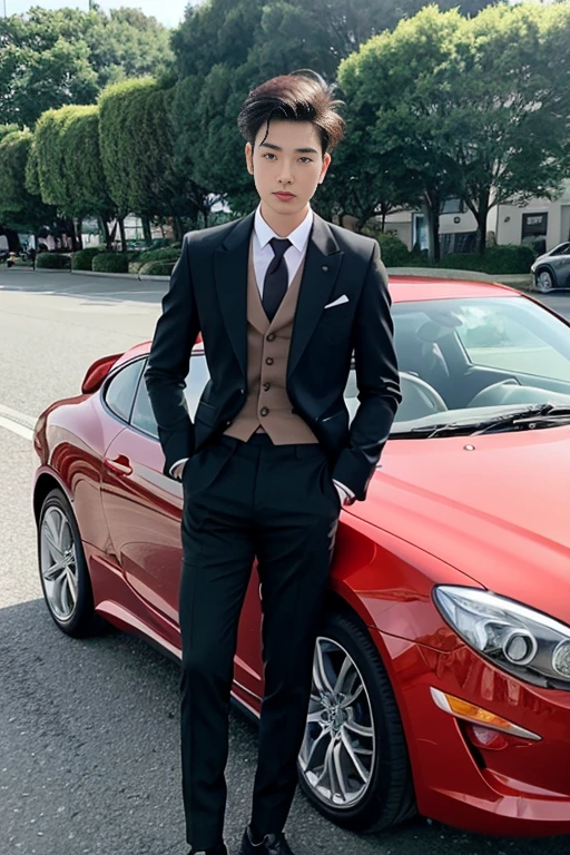 Asian male model on country road and his wedding car，Cool red car，SLR in hand，Suit and tie