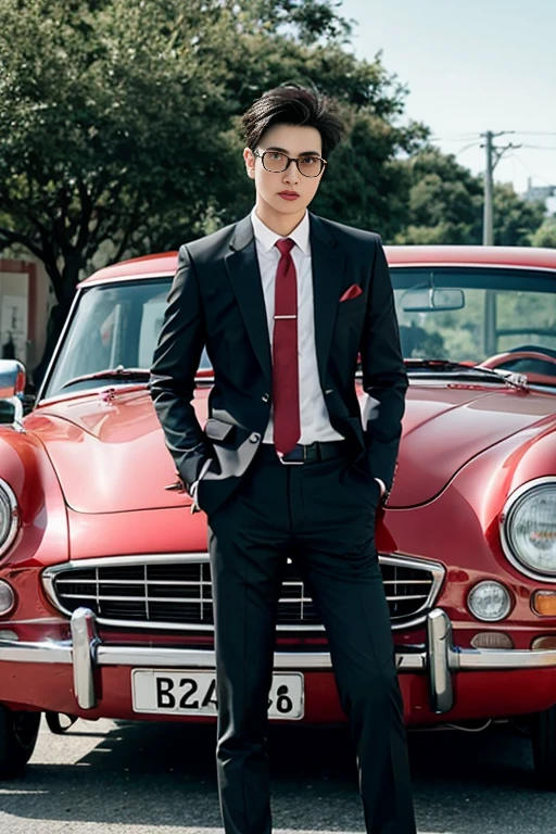 Asian male model on country road and his wedding car，Cool red car，SLR in hand，Suit and tie