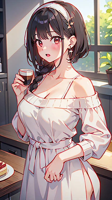 masterpiece, yor, 1girl, Amazing Cleavage:1.3, thin waist, big ass, Raised sexy, medium breast: 1.8 posed cleavage:1.2、solo, looking at viewer, open mouth, have a cup of coffee,black hair, red eyes, dress, bare shoulders, jewelry, collarbone, sidelocks, hairband, earrings, indoors, off shoulder, :o, sweater, arms behind back, plant, short hair with long locks, white hairband, off-shoulder dress, sweater dress, off-shoulder sweater, red sweater, big side hair, very long side hair,is rendered in (masterpiece: 1.2, best quality), with (ultra high resolution) and an exquisite (depth of field). This masterpiece is not only visually stunning but also tells, make of cake cooking ,in the kitchen ,(8K,masutepiece,top-quality,Ultra-high resolution output image,),(Ultra HD with complex detail image modes),depth of fields,Beautiful hands,Beautiful fingers,Detailed finger features,(Detailed hair features:1.7),detailed facial features,detailed clothes features, (perky chest:1.1), (pointed chest:1.3), looking at viewer,