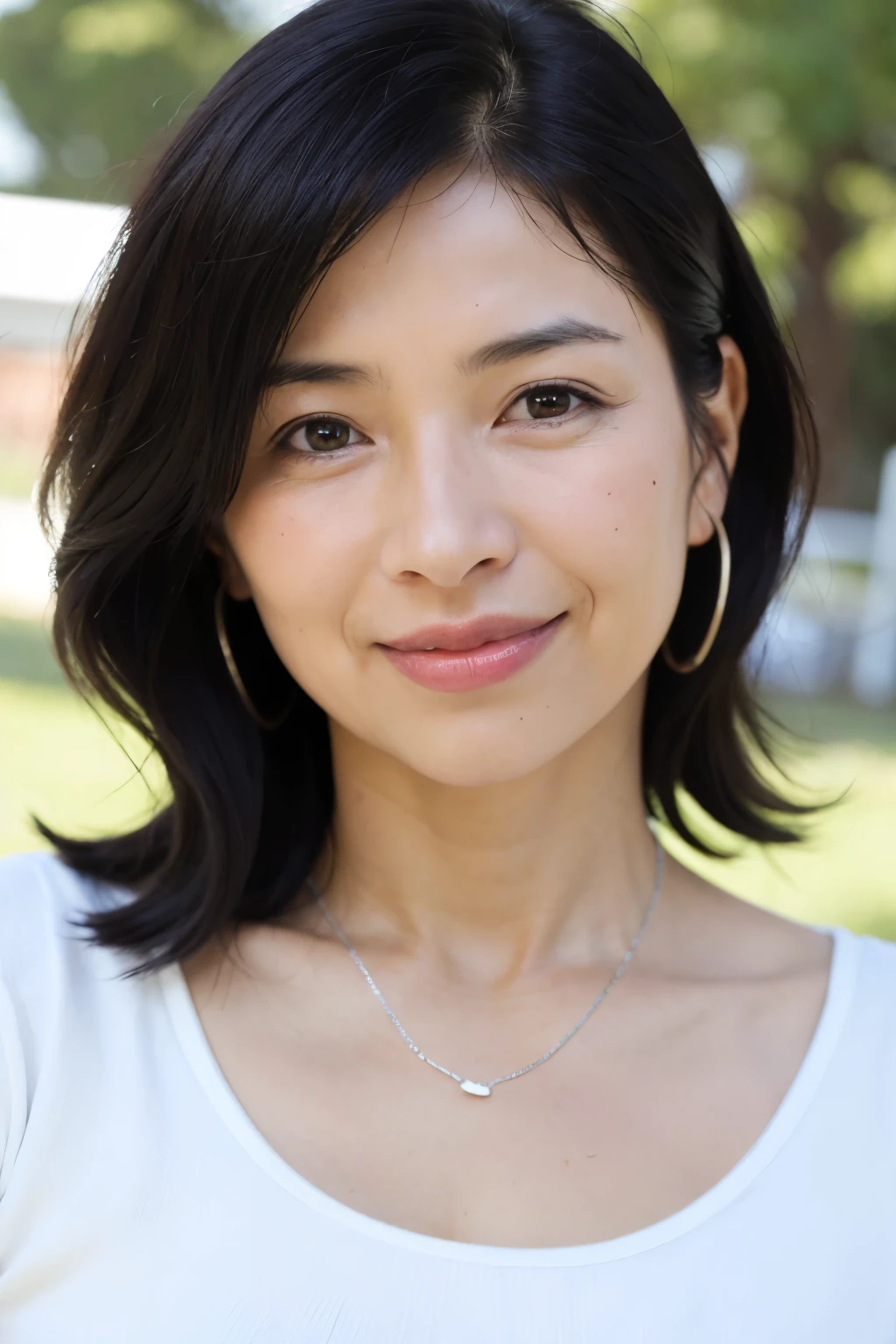 最high quality, In 8K, Masseter muscle area, Lifelike, Sharp focus, high quality, High resolution, Detailed face, Detailed eyes, Thick lips, Background Blur, solo, Middle-aged women, , 55 years old, , Wavy Hair, Cleavage, Wearing a plain short-sleeved knit, Afternoon in front of the park garden, Wrinkles around the eyes, Toothy smile