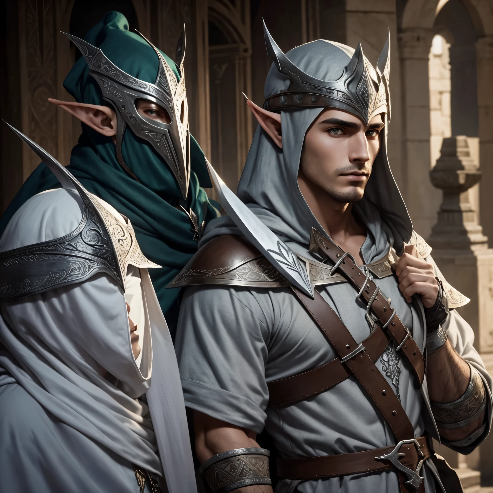 Make the image of a male Elf. sem barba. Cabelos longos e castanhos. hood on head. Armadura discreta. Arco e flecha. Adaga.