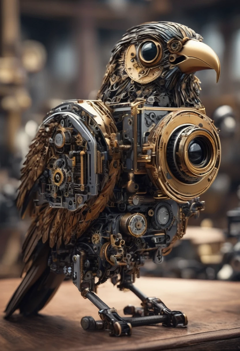 ((mechanical bird with an face made of big camera)), clockwork background, wide shot, machinery, Super detailed, 24k, Unreal Engine 5, Intricate details, ultra realistic face mad of big camera, ((long tail)), ((tail feathers composed of machine parts)), detailed eyes