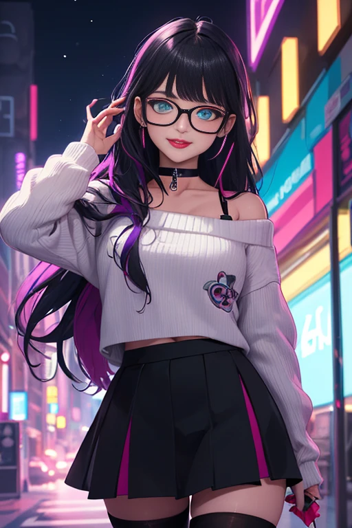 (Best quality, Ultra detailed, Masterpiece:1.2), 1girl, perfect face, female, gamer girl, aqua eyes, cherry-red lips, light smile, long black hair, purple streaked hair, purple highlights, bangs, choker, nerdy glasses, wearing headphones, white off-shoulder sweater, black skirt, thigh-highs, nighttime, neon lights in the background, colorful lights
