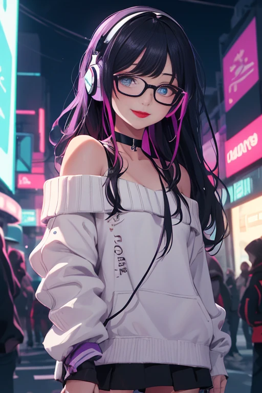 (Best quality, Ultra detailed, Masterpiece:1.2), 1girl, perfect face, female, gamer girl, aqua eyes, cherry-red lips, light smile, long black hair, purple streaked hair, purple highlights, bangs, choker, nerdy glasses, wearing headphones, white off-shoulder sweater, black skirt, thigh-highs, nighttime, neon lights in the background, colorful lights