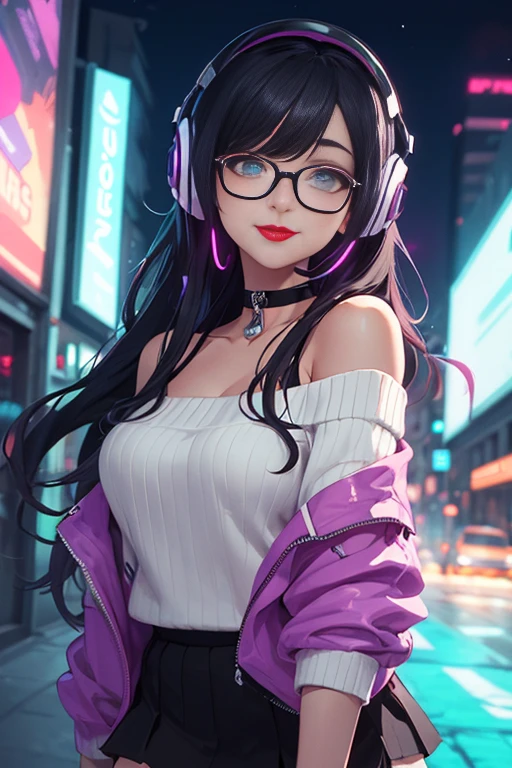 (Best quality, Ultra detailed, Masterpiece:1.2), 1girl, perfect face, female, gamer girl, aqua eyes, cherry-red lips, light smile, long black hair, purple streaked hair, purple highlights, bangs, choker, nerdy glasses, wearing headphones, white off-shoulder sweater, black skirt, thigh-highs, nighttime, neon lights in the background, colorful lights