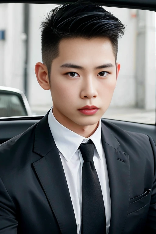 Asian male model His short, cropped Mohawk hair looked neat and tidy on the country road and in his wedding car.，Cool red car，SLR in hand，Suit and tie