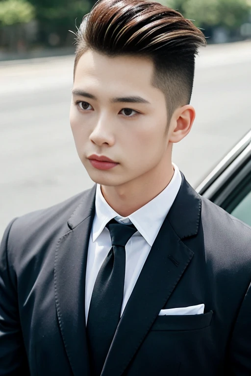 Asian male model His short, cropped Mohawk hair looked neat and tidy on the country road and in his wedding car.，Cool red car，SLR in hand，Suit and tie