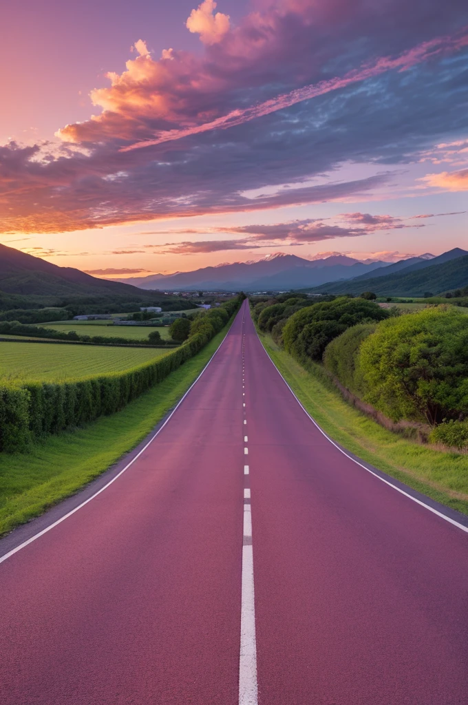 A straight road in the countryside、Both sides of the road are rural、Mountain across the road、The sky turns red with the sunset、Purple clouds swirling