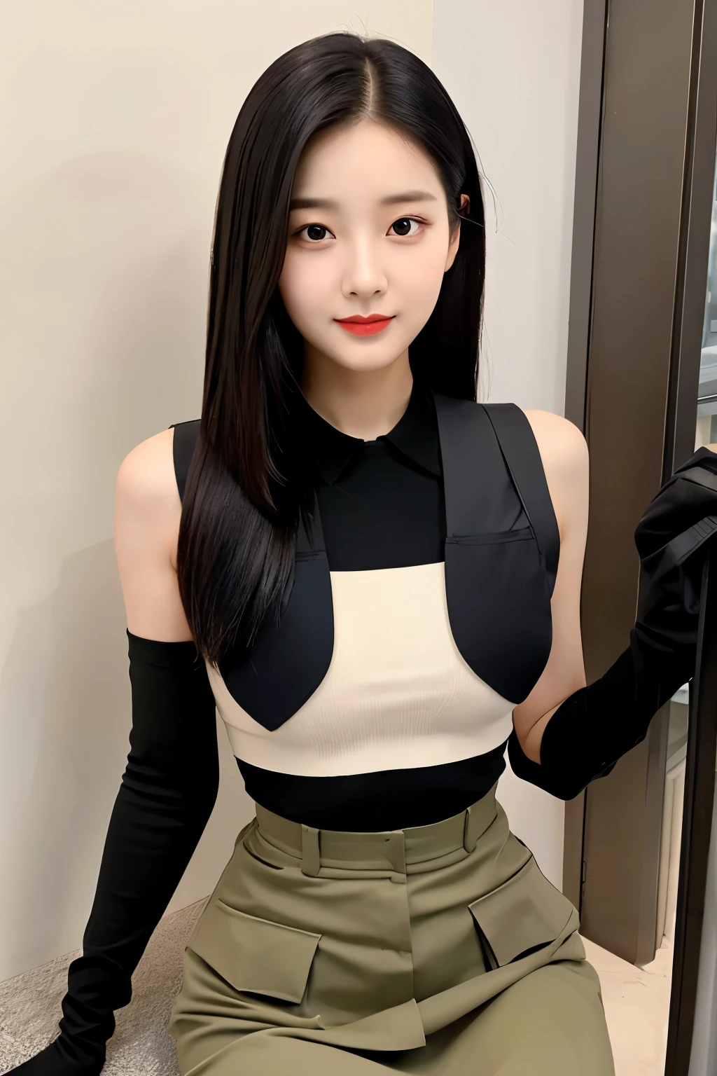 22 years Old young South Korean woman, military bra and skirt and black gloves, beauty face, Cute face, thin, long sleek Straight hair style, lipstick, sit at home, with bulletproof vest, with military helmet