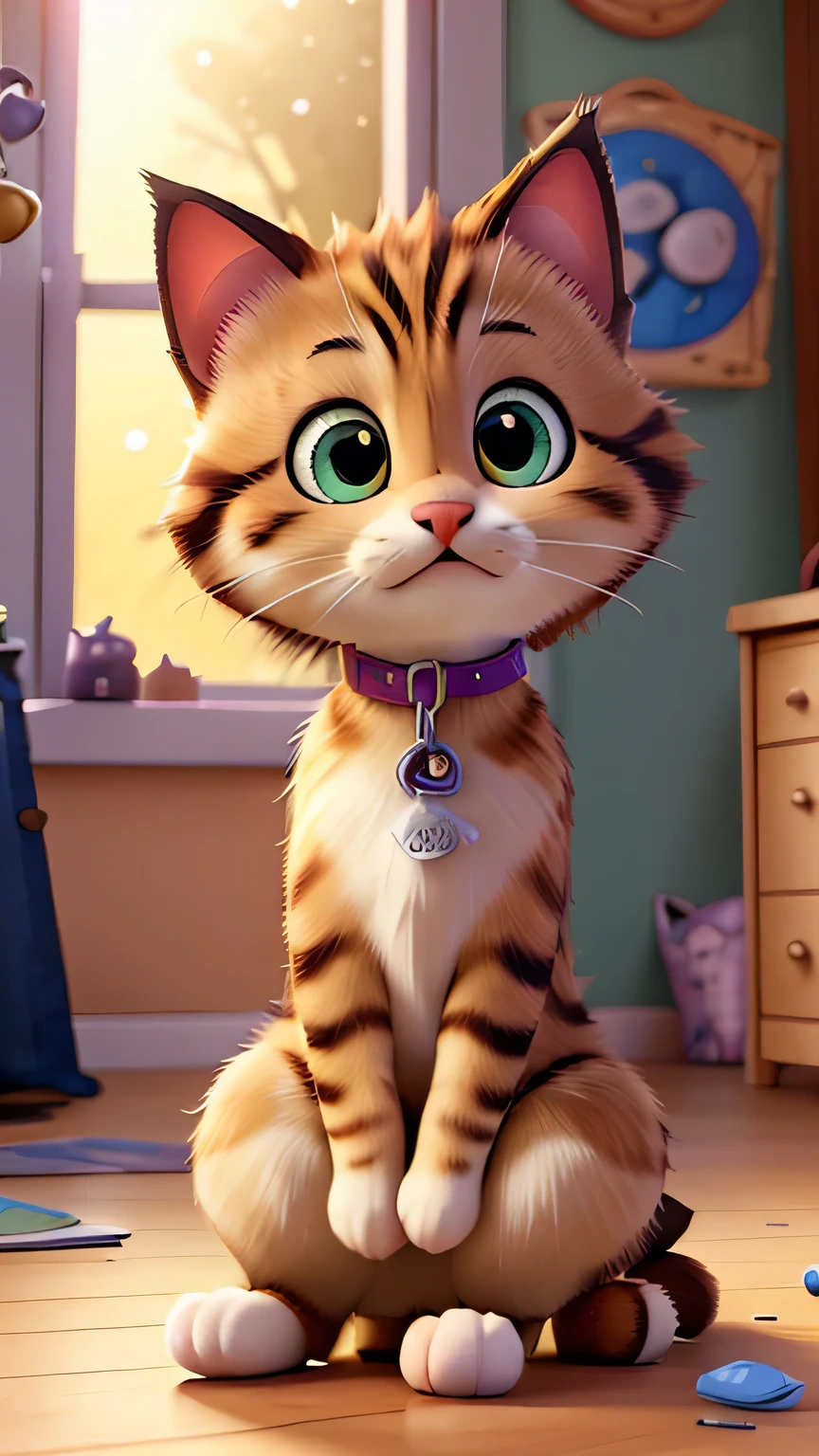 A sad, out-of-tune kitten in Pixar style, sitting alone with a tiny guitar, large expressive eyes showing sorrow, ears drooping, and soft fur texture. The background is a cozy, cluttered room with warm, muted lighting, whimsical musical notes scattered around, and sunlight casting long, soft shadows through a window. Created Using: 3D animation rendering, bright color palette, rounded character design, soft brush strokes, emotional focus, warm lighting, detailed textures, hd quality, natural look