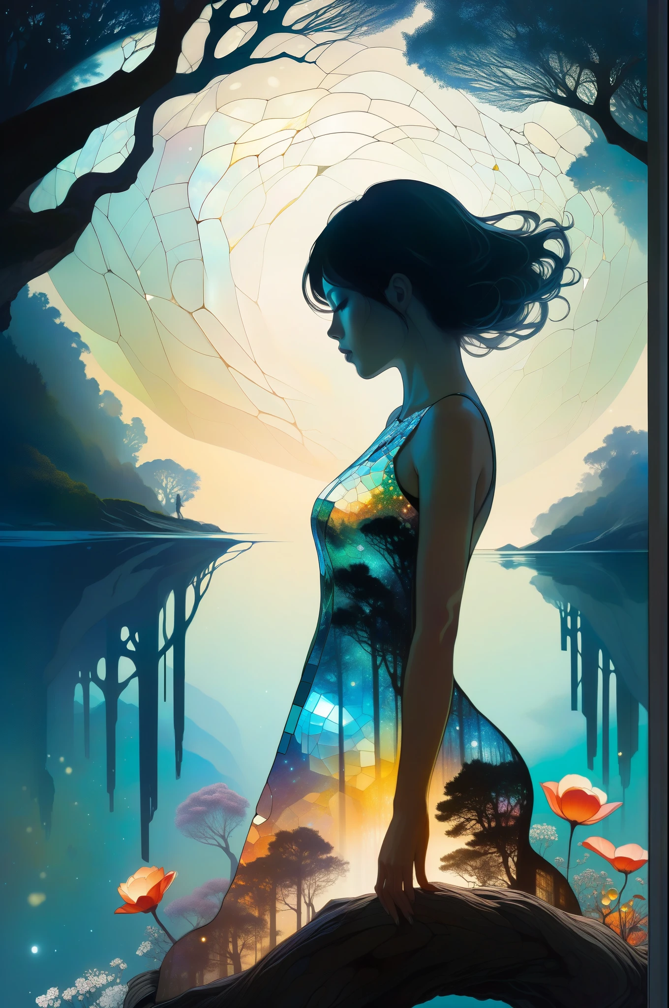 Futuristic utopia, Adventure, Aether, Kraken, Nebula, Verdant, Canvas, Spontaneous Human Combustion, Voyage, Lovely, Grateful, river, (Double exposure:1.3) photo of a sexy lady made of mosaic of iridescent crystal glass with sub scattering mirror surface imposing onto transparent tree hollow trunk in living brocade underbust dress made out of flowers, bokeh sky by Peter Gric, Conrad Roset, Brandon Kidwell, Andreas Lie, Dan Mountford, Dan Witz, Agnes Cecile, Jeremy Mann, fine art, super dramatic moonshine, silhouette photo illustration, amazing depth, intricate detailed fine cracked surface, stunning atmosphere, mesmerizing whimsical vibrant scenery, complex masterwork by head of prompt engineering
