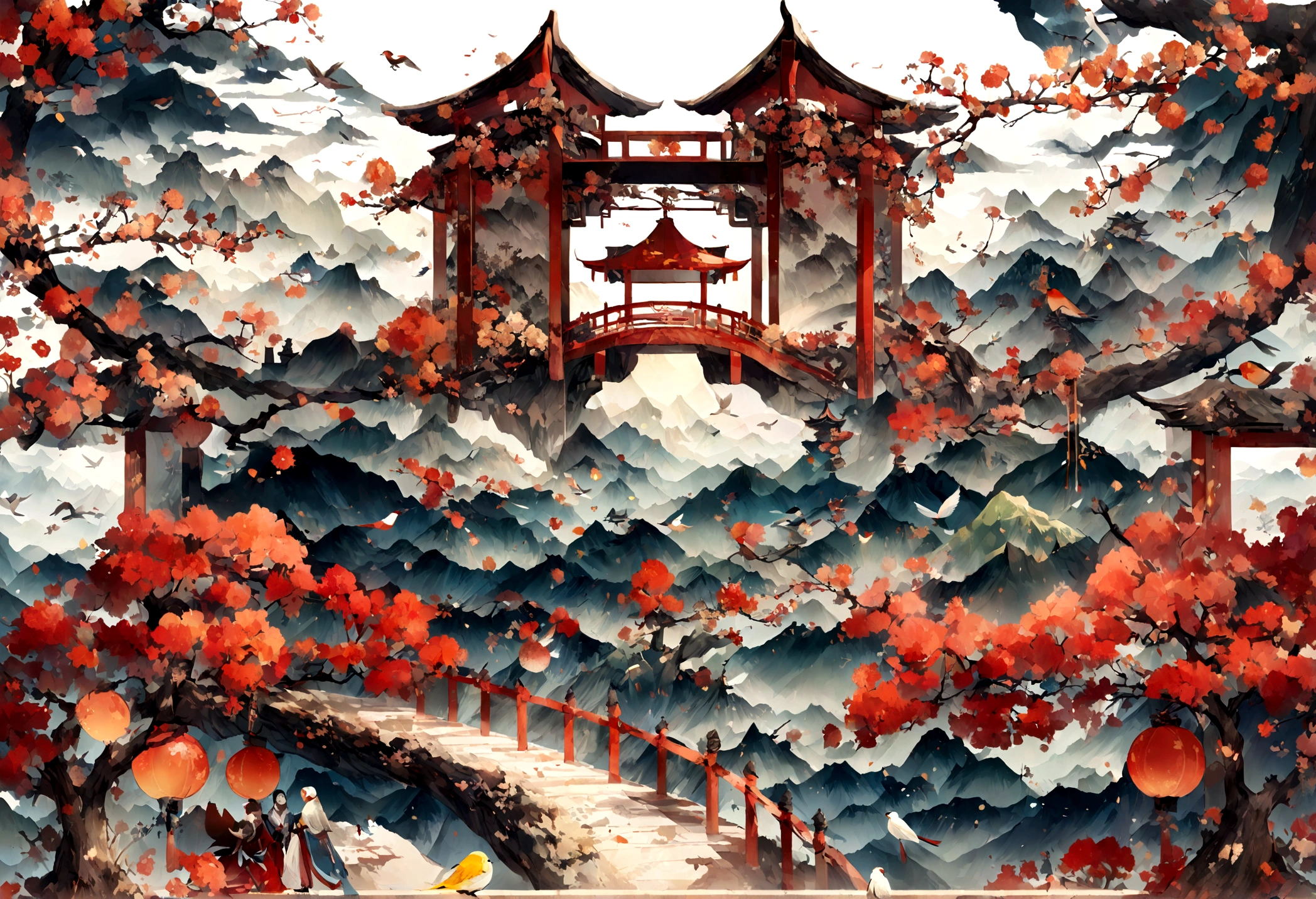 A man in a Chinese robe stands at the head of the bridge,Quaint,Sun,Red bricks,Black tiles,a plant,lotuses,Game Icon Institute,correct, Reasonable structure,high resolution, Game icon,Weir structure,High quality, Green trees,Red Wall,Best quality, Masterpiece, Chinese architecture, Mountains, Clouds, Waves, bamboo forrest,and harmonious,Chinese style,2D,Clear priorities, Fantasy style,k hd,Clear,8K