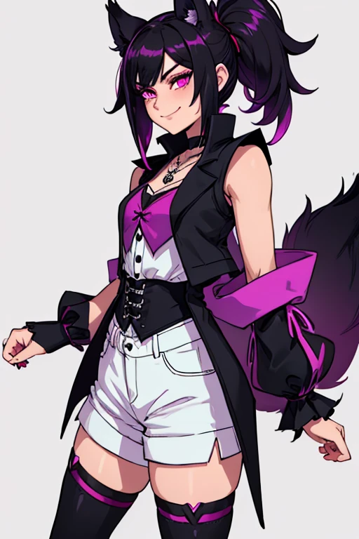 female, black hair with magenta highlights, silver eyes, black wolf ears, black wolf tail, (((1girl))), (((black waistcoat with magenta trim, elbow length sleeves, magenta cuffs and magenta trim))), (white shirt), (black skinny jeans), (detachable coattails), (white knee high boots with magenta trim), (amethyst necklace), (black fingerless gloves), cute and sexy, full body, long legs, smiling