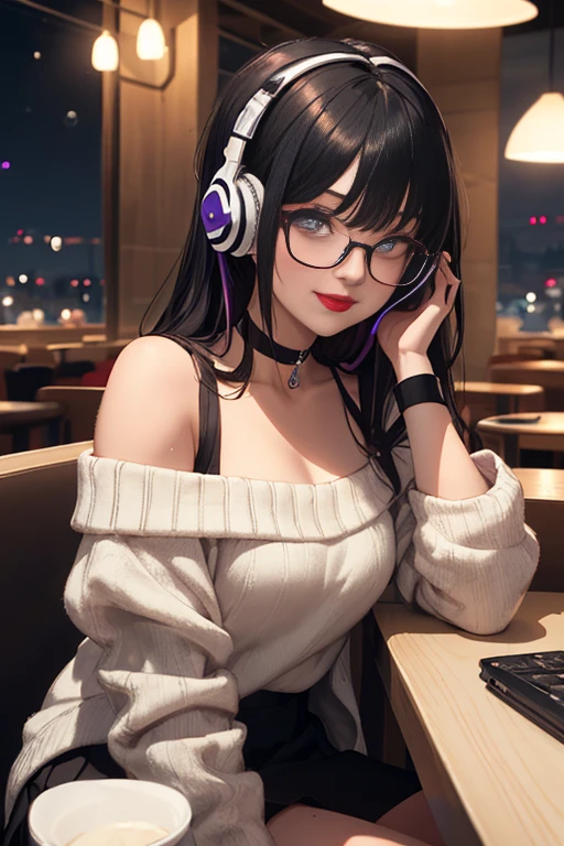 (Best quality, Ultra detailed, Masterpiece:1.2), 1girl, perfect face, female, gamer girl, aqua eyes, cherry-red lips, light smile, long black hair, purple streaked hair, purple highlights, bangs, choker, nerdy glasses, wearing headphones, white off-shoulder sweater, black skirt, thigh-highs, sitting at a restaurant, nighttime, neon lights in the background, colorful lights