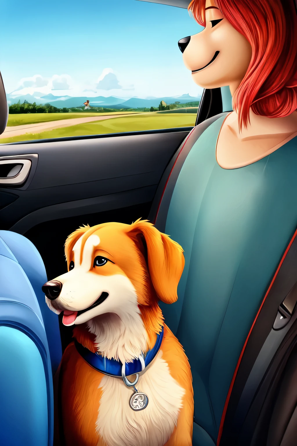 a dog traveling with its owner in a car, describing the features of the car that make the trip more comfortable and fun for the pet.