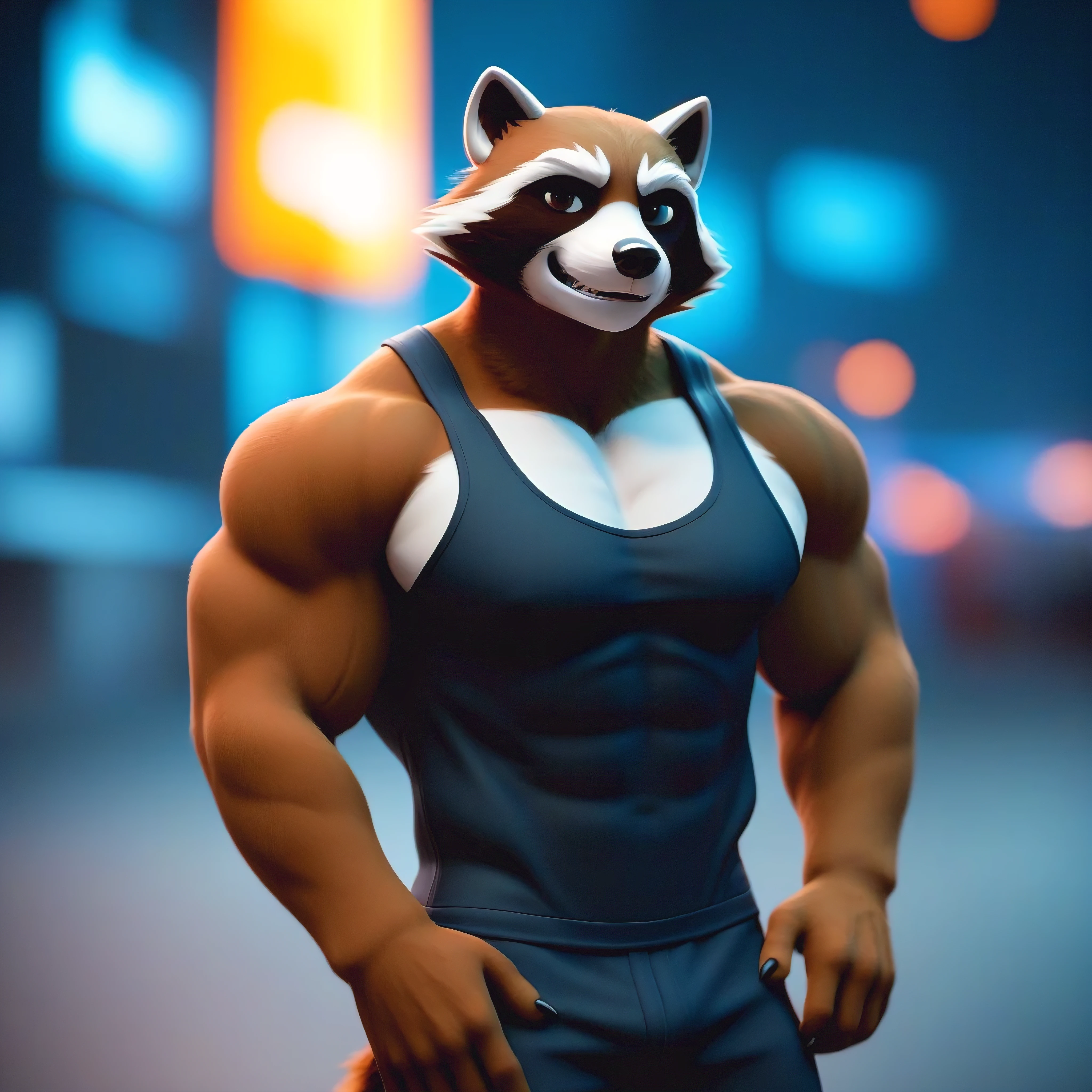 score_9, score_8_up, score_7_up, rating_safe,source_furry,anthro,source_cinematographic in 3D, Ricky the Raccoon male
muscular
(a fitness body) (looking at the viewer and showing his perfect muscles)
(background of a futuristic night city blurred background)