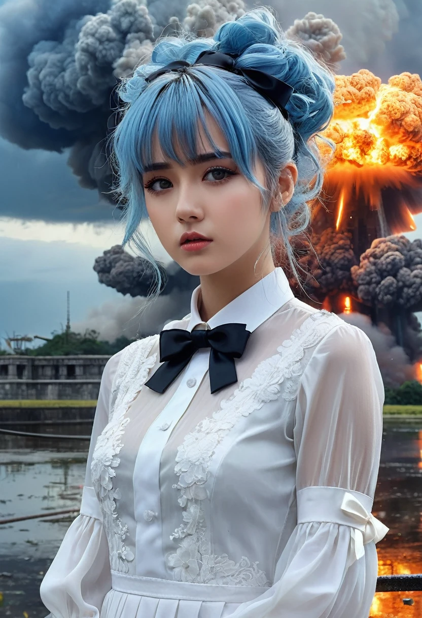 masterpiece, exquisite, illustration, {beautiful and meticulous girl}, beautiful and detailed halo, (fire of war: 1.2), (nuclear explosion behind: 1.3), rain, detailed lighting, detail water, (beautiful and detailed eyes: 1.1), expressionless, palace, sky blue hair, scattered hair, long bangs, eyebrows, (white-gray dress: 1.1), black ribbon, white bow tie, upper abdomen, big forehead, dull, flower, long sleeves