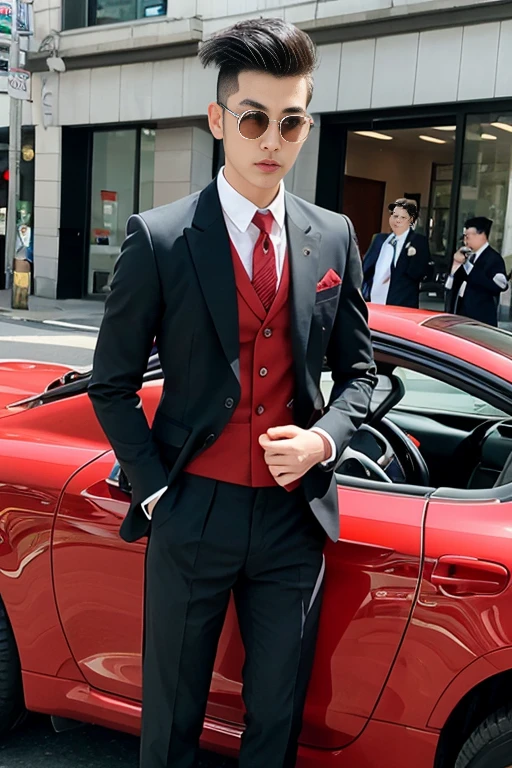 Asian male model His short, cropped Mohawk hair looked neat and tidy on the country road and in his wedding car.，Cool red car，SLR in hand，Suit and tie