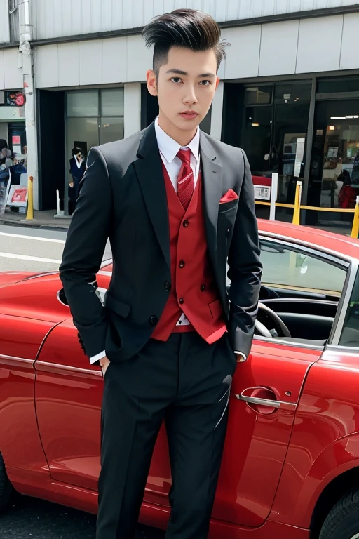 Asian male model His short, cropped Mohawk hair looked neat and tidy on the country road and in his wedding car.，Cool red car，SLR in hand，Suit and tie