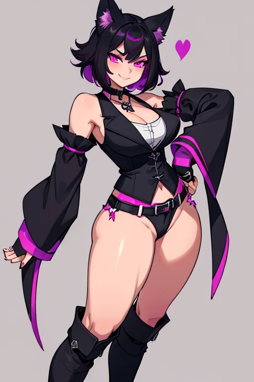 female, black hair with magenta highlights, silver eyes, black wolf ears, black wolf tail, (((1girl))), (((black waistcoat with magenta trim, elbow length sleeves, magenta cuffs and magenta trim))), (white shirt), (black skinny jeans), (white knee high boots with magenta trim), (amethyst necklace), (black fingerless gloves), cute and sexy, full body, big breasts, big butt, long legs, smiling