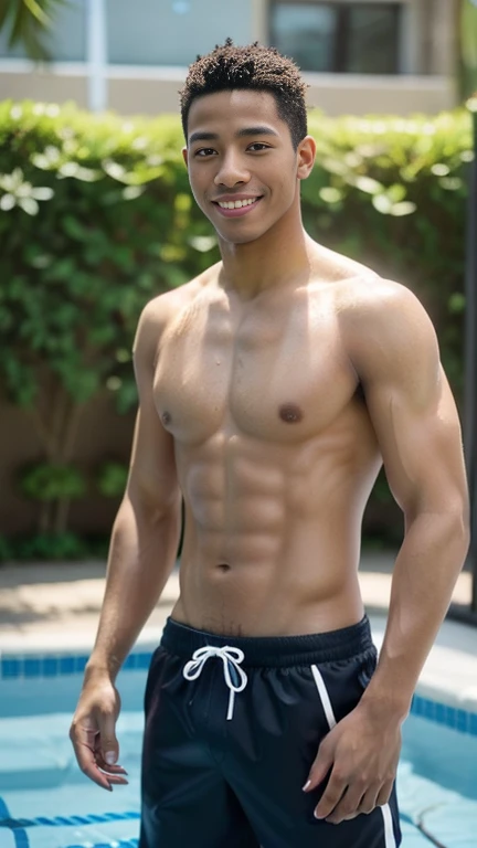   looking at viewer, American Black man, 22 year old , The head is middle hair, golden hair,  Punch-pa－Ma, black eye, little smile, Standing in only swimming trunks, Swimming pool－Standing beside pool,  in inside swimming school,  (masterpiece, highest quality, High resolution, Photo realistic, sharp, RAW Photos,  perfection, Very detailed), 
