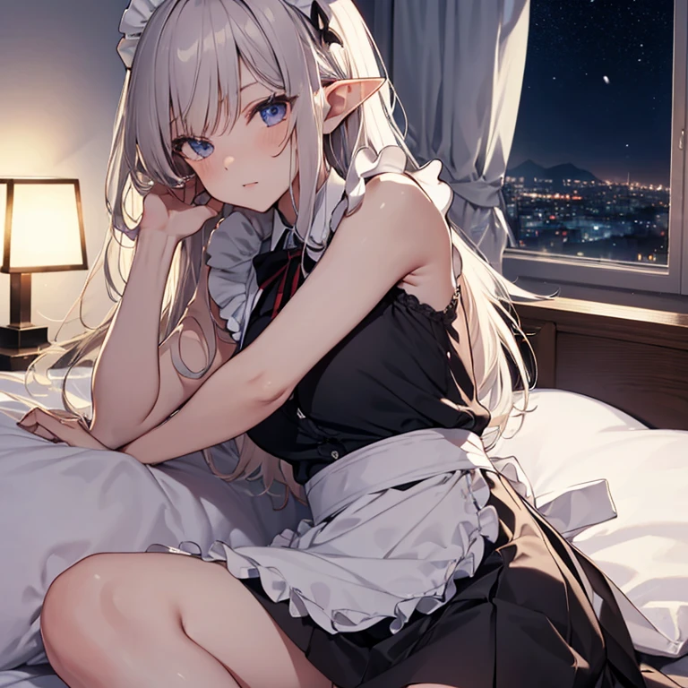 A maid, (in bedroom), various hair styles, night, details face, short skirt, seducing, sleeveless, maid uniform, armpits, elf, laying on bed