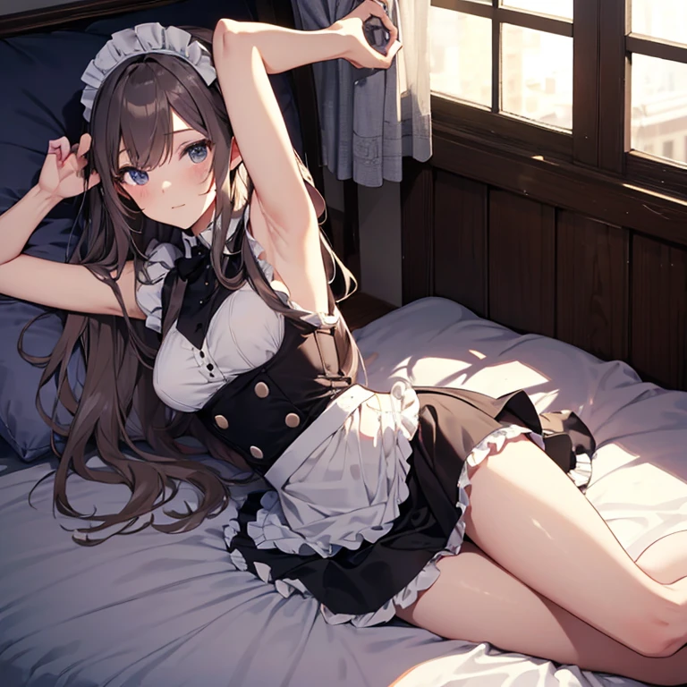 A maid, (in bedroom), various hair styles, night, details face, short skirt, seducing, sleeveless, maid uniform, armpits, elf, laying on bed