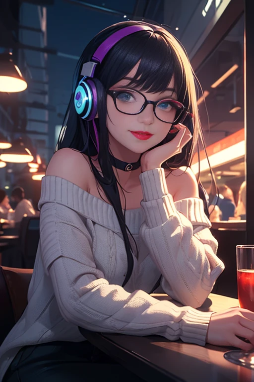(Best quality, Ultra detailed, Masterpiece:1.2), 1girl, perfect face, female, gamer girl, aqua eyes, cherry-red lips, light smile, long black hair, purple streaked hair, purple highlights, bangs, choker, nerdy glasses, wearing headphones, white off-shoulder sweater, sitting at a restaurant, table, nighttime, neon lights in the background, colorful lights