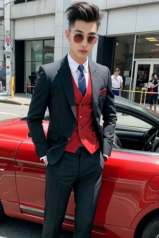 Asian male model His short, cropped Mohawk hair looked neat and tidy on the country road and in his wedding car.，Cool red car，SLR in hand，Suit and tie