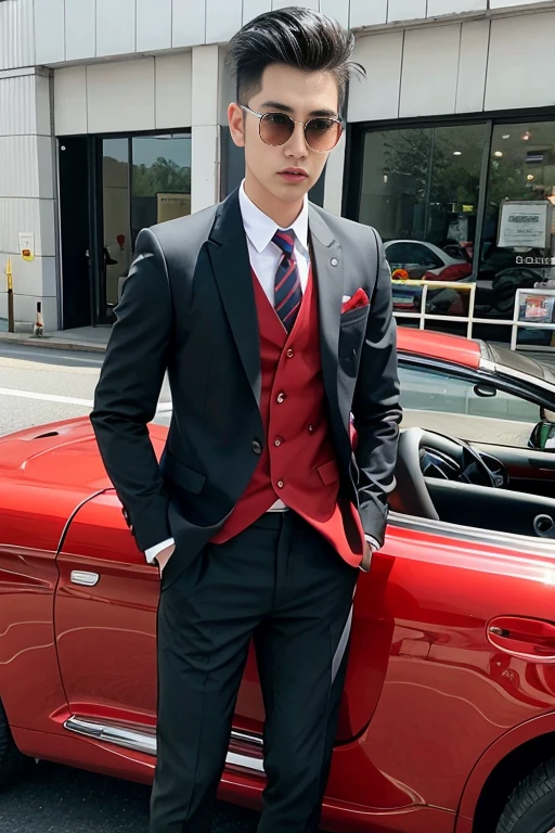 Asian male model His short, cropped Mohawk hair looked neat and tidy on the country road and in his wedding car.，Cool red car，SLR in hand，Suit and tie