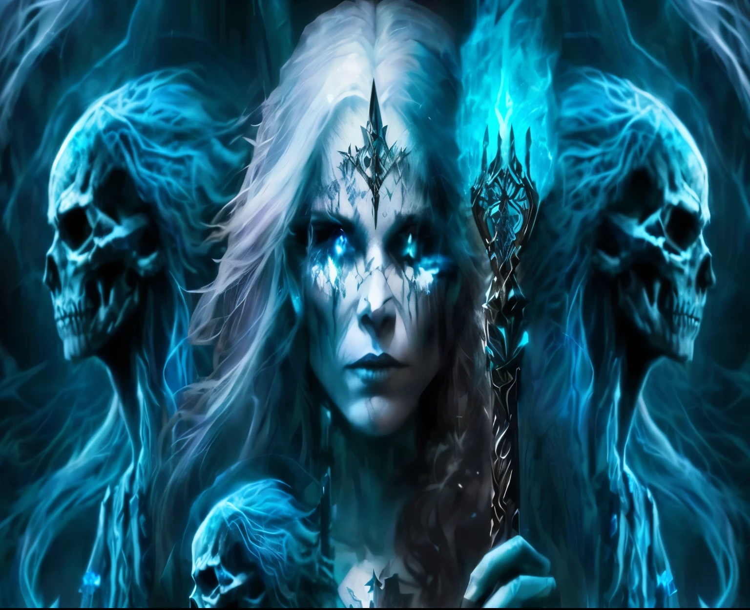 A long-haired, blue-eyed woman holding a scepter，Standing in front of a skeleton, Beautiful frost witch, Necromancer Witch, goth girl shaman, Ice Witch, ice and storm queen, Beautiful Necromancer, Goddess of the Underworld, female necromancer, gothic fantasy art, Frozen queen, queen of the underworld