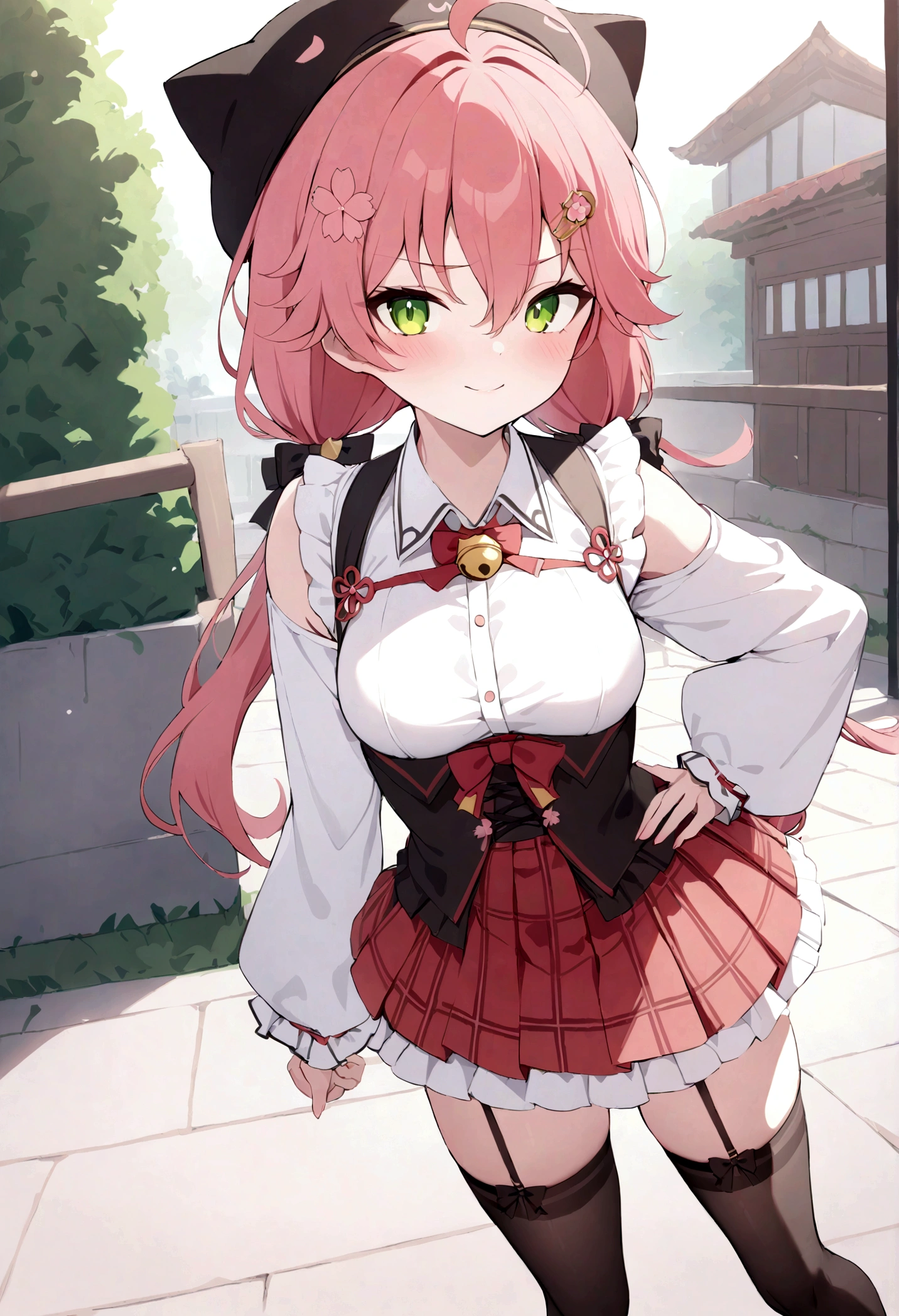 masterpiece, best quality, highres, miko2, sakura miko, 1girl, solo, green eyes, long hair, ahoge, black headwear, hair ornament, white shirt, black thighhighs, pink hair, red skirt, plaid skirt, garter straps, collared shirt, hairclip, frills, bangs, hair between eyes, animal hat, frilled skirt, beret, pleated skirt, hair flower, low twintails, neck bell, cat hat, medium breasts, puffy long sleeves, black bow, underbust, evil smile, hand on hip, outdoors,