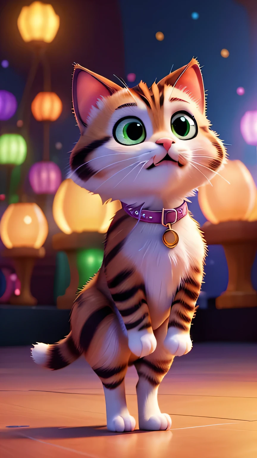 The kitten, now a superstar cat in Pixar style, in a glamorous outfit, performing on a grand stage with exaggerated, expressive features, bright colors, and a huge, cheering animated audience. The background is filled with colorful lights, confetti, and energetic fans. Created Using: Pixar-like 3D rendering, high-contrast lighting, bold and bright colors, dynamic character movement, whimsical composition, detailed textures, hd quality, natural look