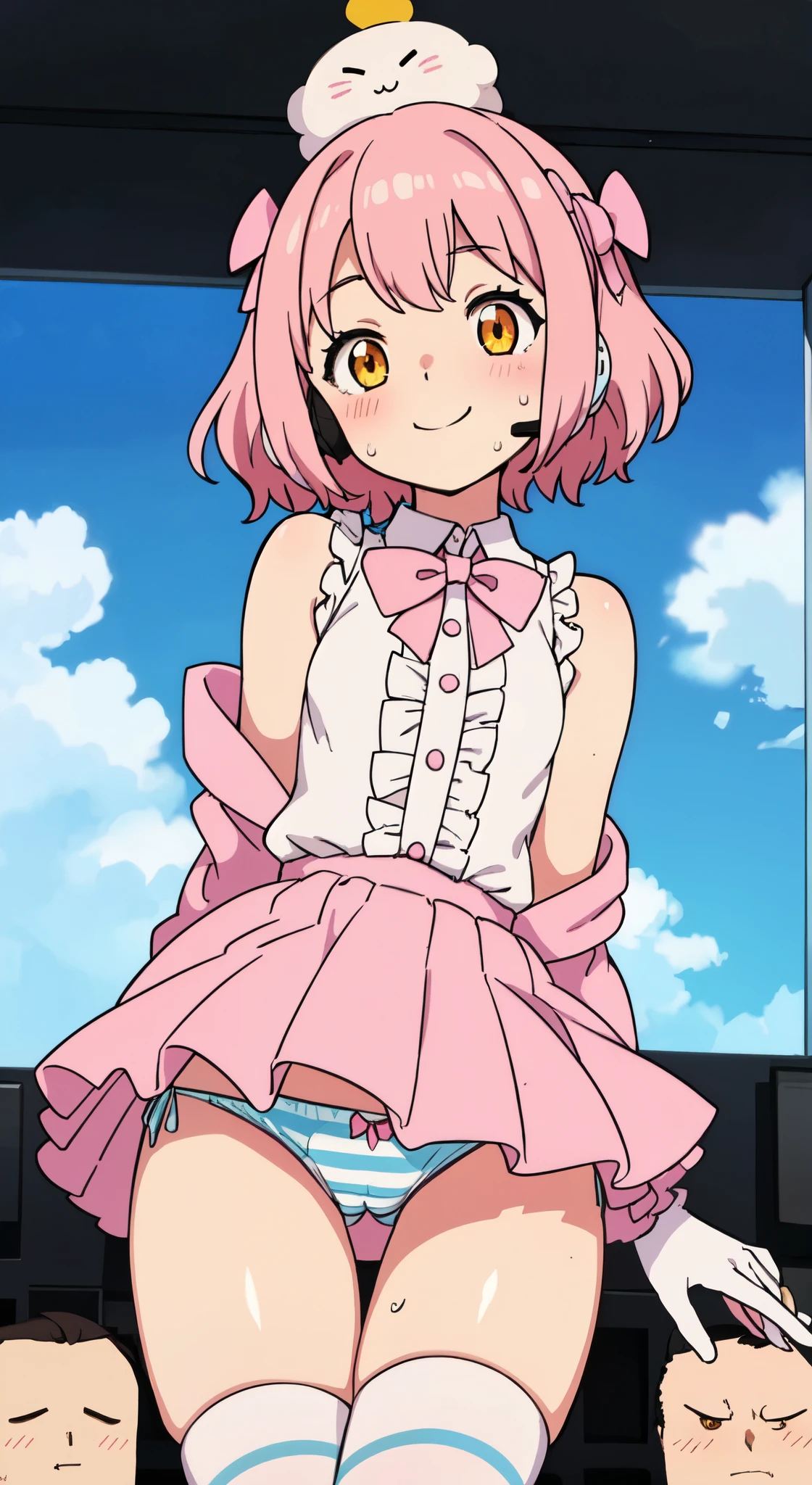(Perfect body),highest quality,16k,(Browsing Caution)、Anime Screen Capture、((blush)),(short hair), (((Orange eyes))),Thick and tight,((((Pink Hair)))),Sweat,(((View from the front)))),cowboy_shot,((((Wavy Hair)))),Ahoge,Valletta,(((Yellow sleeveless_Frills_Jacket))),(((ピンクのFrillsミニスカート))),(((Light blue striped panties))),(White knee socks),(White gloves),((Panty shot)),Skirt Lift、Big Ass,Flat Chest、blush,Close one eye、Looking at the audience,((( He is short))),((smile)),(((Put the headset on your head))),(surprise),(From below),((Idol)),((1 girl)),(((Pink bow tie)))