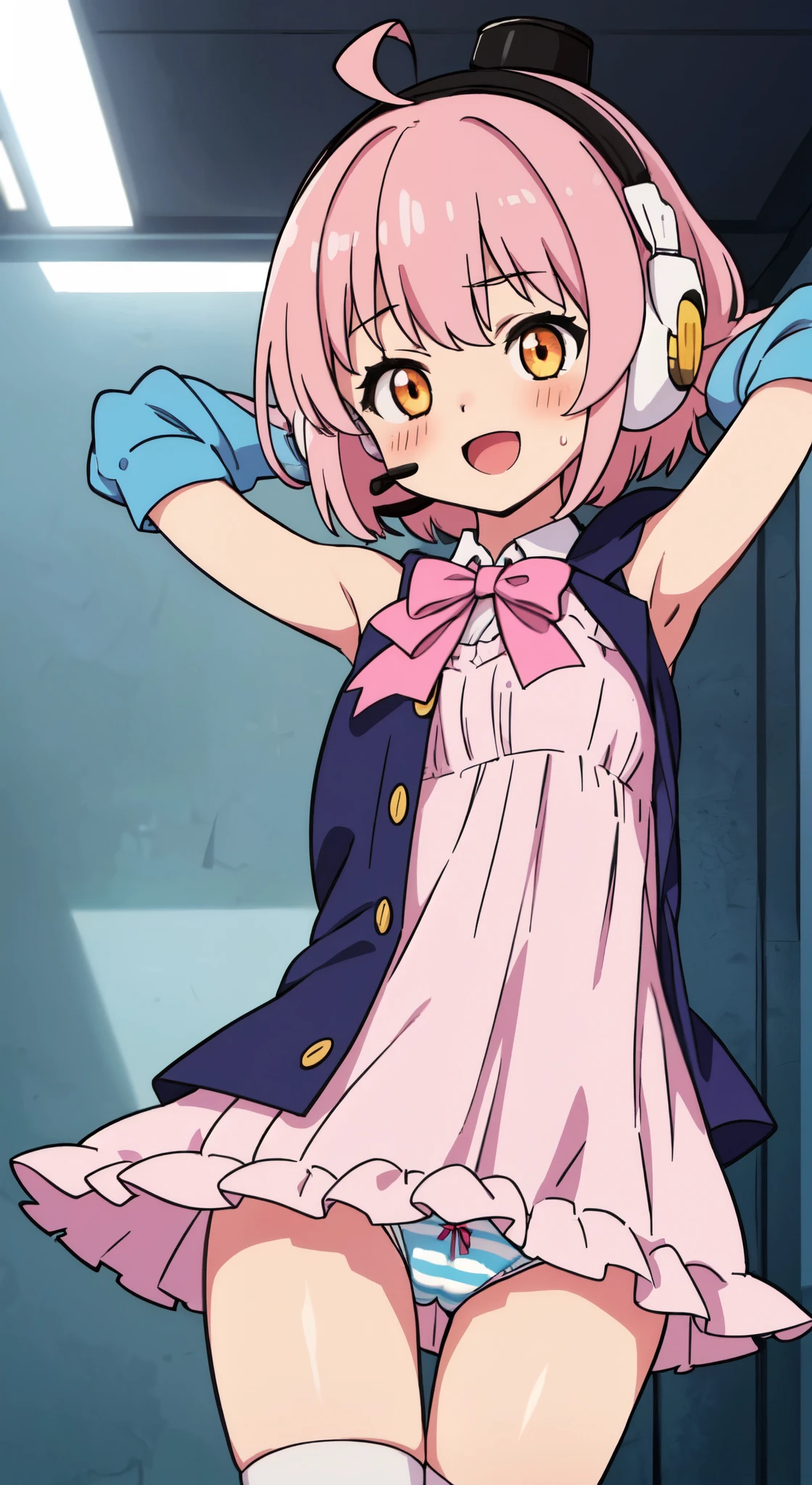 (Perfect body),highest quality,16k,(Browsing Caution)、Anime Screen Capture、((blush)),(short hair), (((Orange eyes))),Thick and tight,((((Pink Hair)))),Sweat,(((Hands behind head、Both armpits))),cowboy_shot,((((Wavy Hair)))),Ahoge,Valletta,(((Yellow sleeveless_Frills_Jacket))),(((ピンクのFrillsミニスカート))),(((Light blue striped panties))),(White knee socks),(White gloves),((Panty shot)),The wind blows up my skirt、Big Ass,Flat Chest、blush,Close one eye、Looking at the audience,((( He is short))),((:d)),(((Put the headset on your head))),(surprise),(From below),((Idol)),((1 girl)),(((Pink bow tie)))