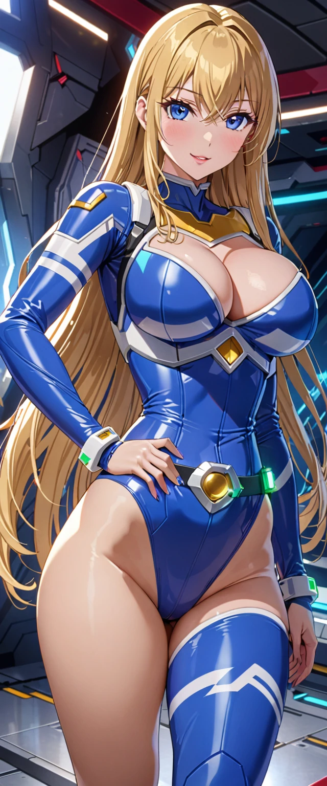 ((masterpiece)), ((high quality)), ((super detailed)), ((high resolution)), ((8k)),a beautiful woman, ((She is one of the most famous actress in Japan.)), unparalleled beauty, ((large breast:1.4)), ((large ass)), ((deep cleavage)), slim waist, chest out, ultra detailed face, perfect skin, (((waist length hair, ((long straight golden hair)), crossed bangs))), blue eyes, detailed eyes, whole body image, sexy, an inviting smile, sensual, (((anime))), ((glamorous)), sexual attraction ,23 years old, ((incredibly beautiful woman)), ((The H cup bust)), ((sexy pose)), ((neat and clean.)), (((Power Ranger))), heroine, (((high leg leotard, white line on blue colored power suit, Futuristic power suit))), ((beautiful breasts)), beautiful legs, 8 life size, anime:1.4, the most beautiful and strongest, ((charm)),