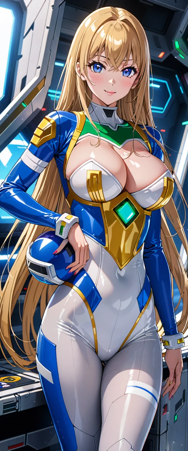 ((masterpiece)), ((high quality)), ((super detailed)), ((high resolution)), ((8k)),a beautiful woman, ((She is one of the most famous actress in Japan.)), unparalleled beauty, ((large breast:1.4)), ((large ass)), ((deep cleavage)), slim waist, chest out, ultra detailed face, perfect skin, (((waist length hair, ((long straight golden hair)), crossed bangs))), blue eyes,  detailed eyes, whole body image, sexy, an inviting smile, sensual, (((anime))), ((glamorous)), sexual attraction ,23 years old, ((incredibly beautiful woman)), ((The H cup bust)), ((sexy pose)), ((neat and clean.)), (((Power Ranger))), heroine,  (((high leg leotard, white line on blue colored power suit, Futuristic power suit))),  ((beautiful breasts)), beautiful legs, 8 life size, anime:1.4, the most beautiful and strongest, ((charm)),