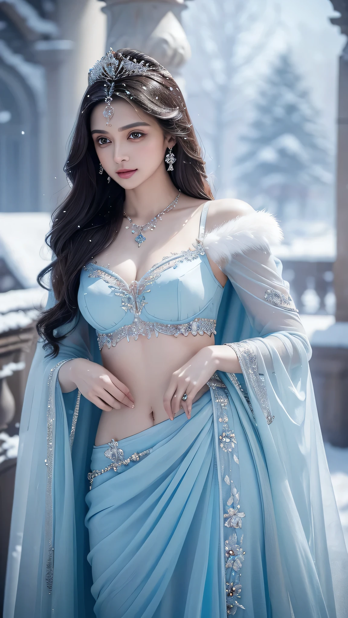 There was a woman in a bra,Wearing a necklace,((a beautiful fantasy empress).inspired Dipika Padukone，Azure.detailed hairs,winter snow falling princess,LCE Princess,Guvez-Steville artwork,8K)),fantasy aesthetic!.Guviz,Ice Queen,8k high-quality detailed art.