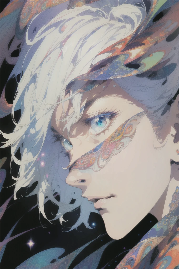 Realistic, (Masterpiece, Top Quality, Best Quality, Official Art, Beauty and Aesthetics: 1.2), Very Detailed, Fractal Art, Colorful, Most Detailed, Zentangle, (Abstract Background: 1.5) (1male: 1.3), God, White Hair, Short Hair, (Glowing Blue Eyes), Mysterious, Starry Sky, Handsome Man, (((Lycoris radiata)))