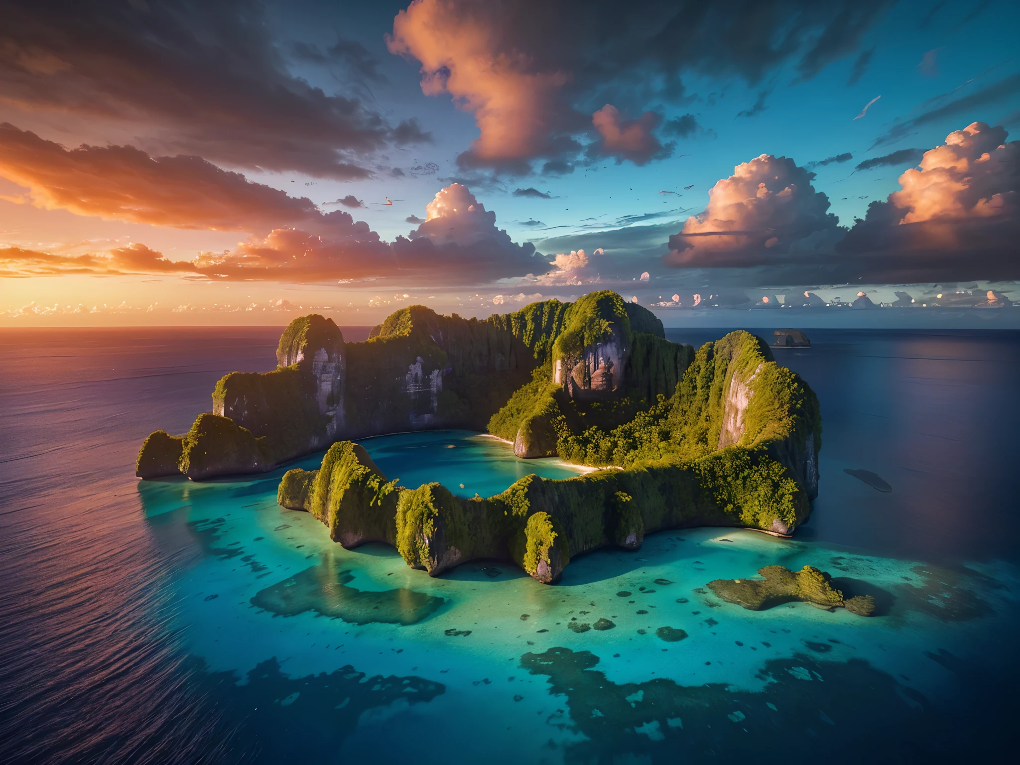 a beautiful island of palau, matte painting, realistic, photorealistic, hyper detailed, 8k, masterpiece, ultra-detailed, dramatic lighting, glowing sunset, crystal clear water, lush tropical foliage, rocky cliffs, palm trees, pristine beach, golden sand, aerial view, aerial shot, cinematic composition, moody atmosphere