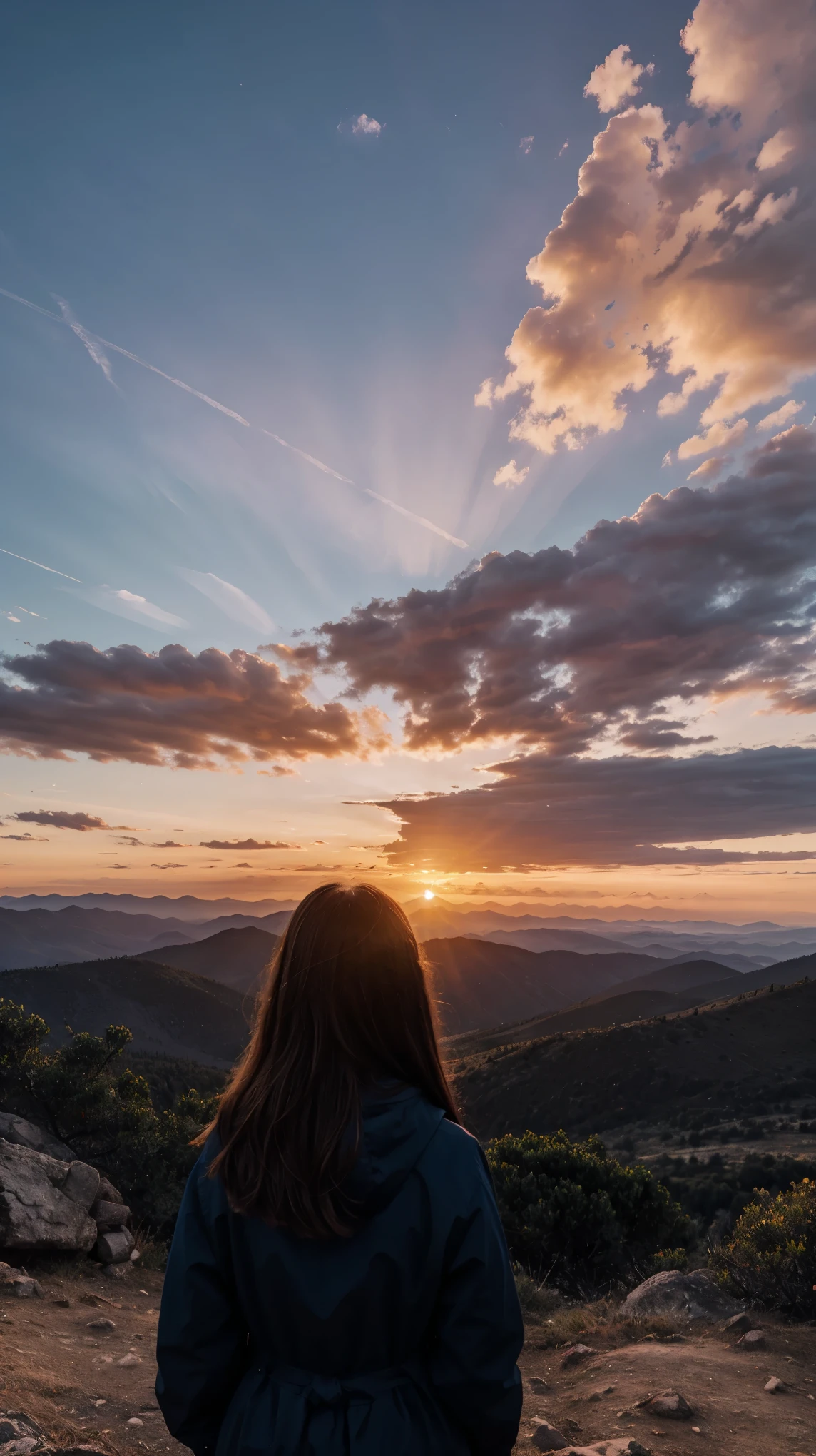 mountain view with sunset, realistic, 8k darklight, girl watching sunset, without face