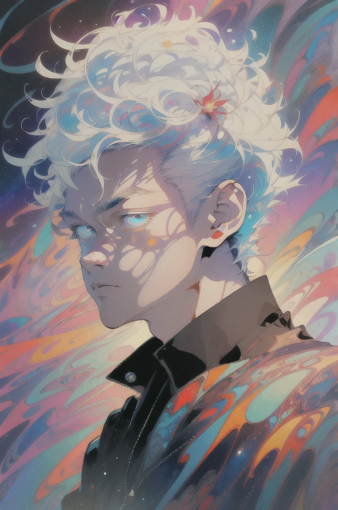 Realistic, (Masterpiece, Top Quality, Best Quality, Official Art, Beauty and Aesthetics: 1.2), Very Detailed, Fractal Art, Colorful, Most Detailed, Zentangle, (Abstract Background: 1.5) (1boy: 1.3), God, White Hair, Short Hair, (Glowing Blue Eyes), Mysterious, Starry Sky, Handsome Man, (((Lycoris radiata)))