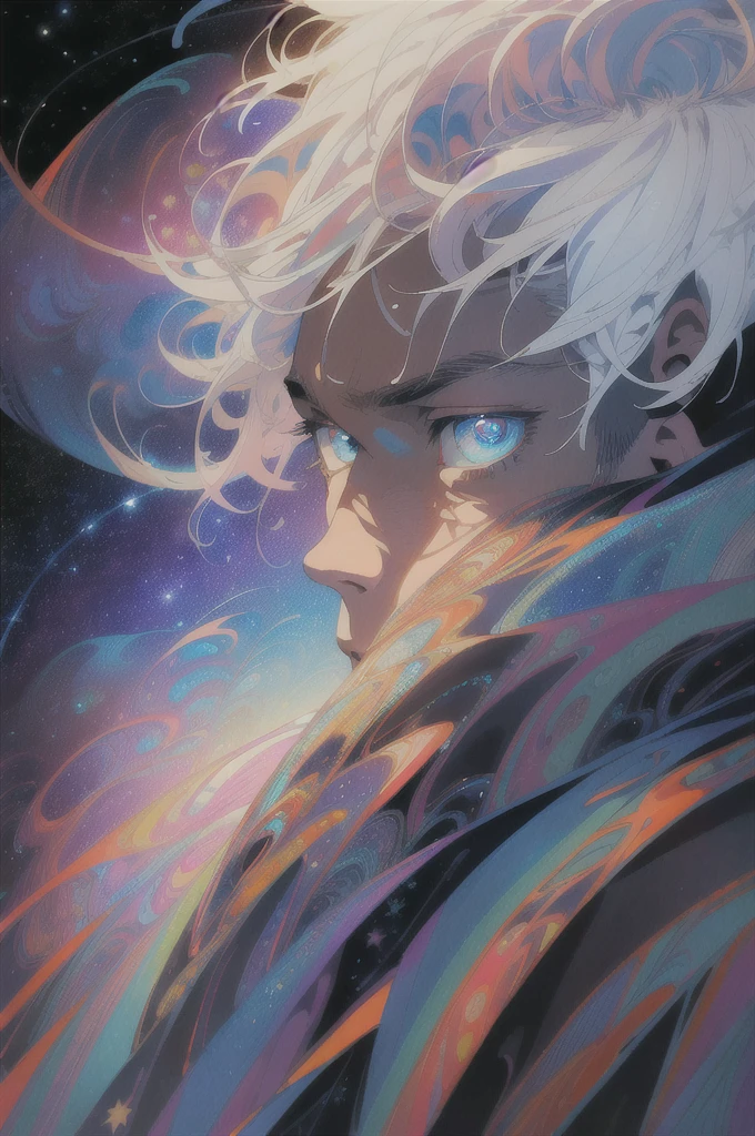 Realistic, (Masterpiece, Top Quality, Best Quality, Official Art, Beauty and Aesthetics: 1.2), Very Detailed, Fractal Art, Colorful, Most Detailed, Zentangle, (Abstract Background: 1.5) (1boy: 1.3), God, White Hair, Short Hair, (Glowing Blue Eyes), Mysterious, Starry Sky, Handsome Man, (((Lycoris radiata)))