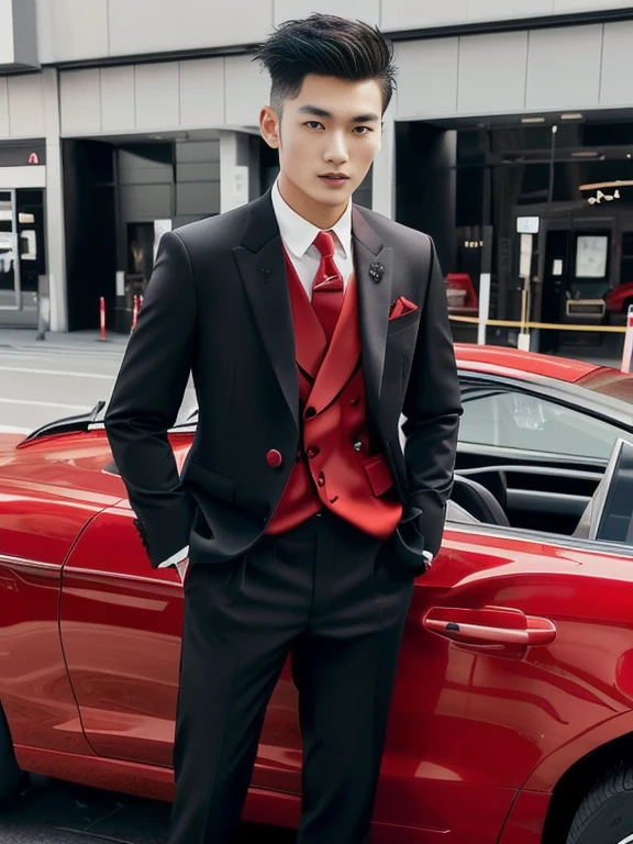 An Asian man with a short haircut in a suit stands next to a red car., black and red suit, wearing a black and red suit, red suitและสีดำ, wearing red Formal attire, black and red tuxedo, Wearing a black nobleman&#39;s robe, Formal attire, elegant suit, red suit, Handsome and elegant, Dress well, Cai Su Kun, black elegant suit