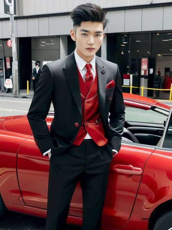 An Asian man with a short haircut in a suit stands next to a red car., black and red suit, wearing a black and red suit, red suitและสีดำ, wearing red Formal attire, black and red tuxedo, Wearing a black nobleman&#39;s robe, Formal attire, elegant suit, red suit, Handsome and elegant, Dress well, Cai Su Kun, black elegant suit